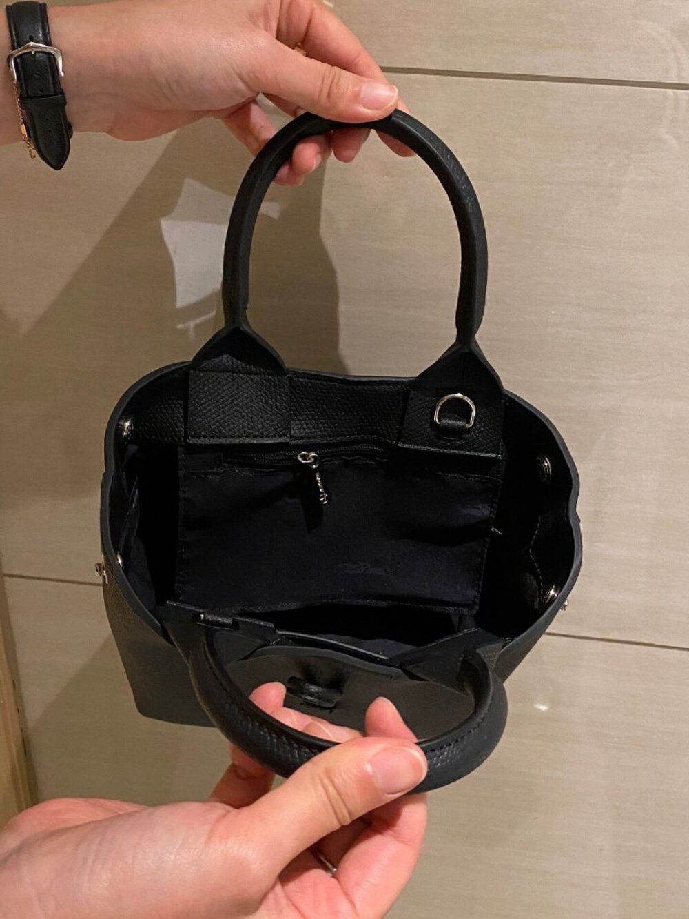 Longchamp Le Roseau Extra Small Black Leather Mini Tote Bag - Picture 6 of 8